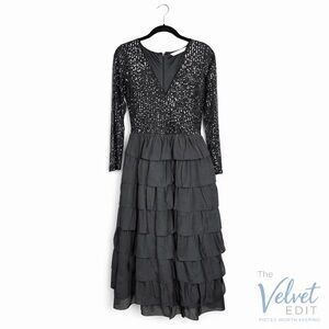 Wayward Fancies Black Sequin Tiered Midi Dress | Romantic Evening Statement